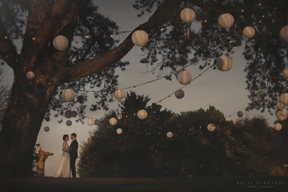 Image of a bride and groom embracing under a large tree with added festoon lights and shades