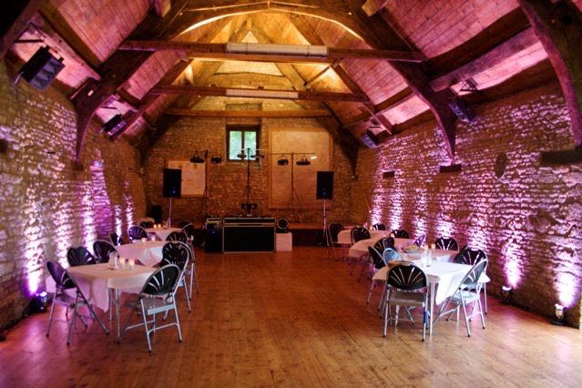 Mells Barn with LED up-lighting raedy for a party
