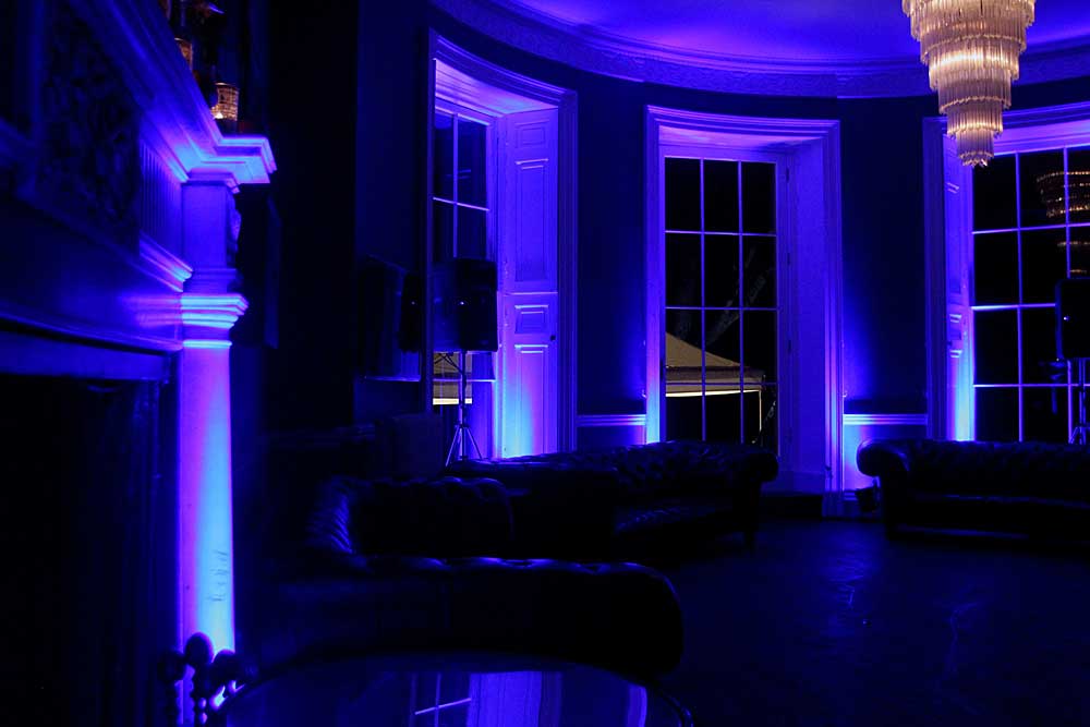 Babington House Bar with additional LED up-lighting in a violet shade